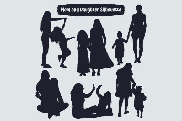 Mom and Daughter Silhouettes Vector: Graphics & Illustrations