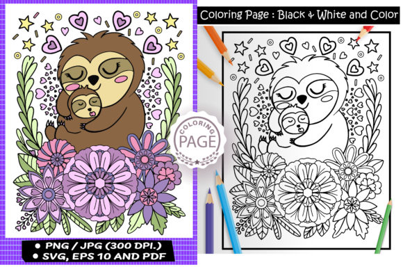 Sloth Mom and Baby. Graphics and Coloring Pages Amp